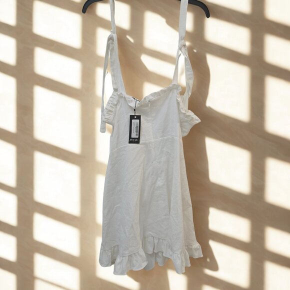 Romantic White Linen Look Ruffle Dress 🤍 Adjustable Tie Straps, Cottagecore Vib - Picture 1 of 5